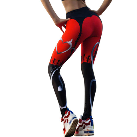 New Sexy Heart Print Leggings Women Red Black Patchwork